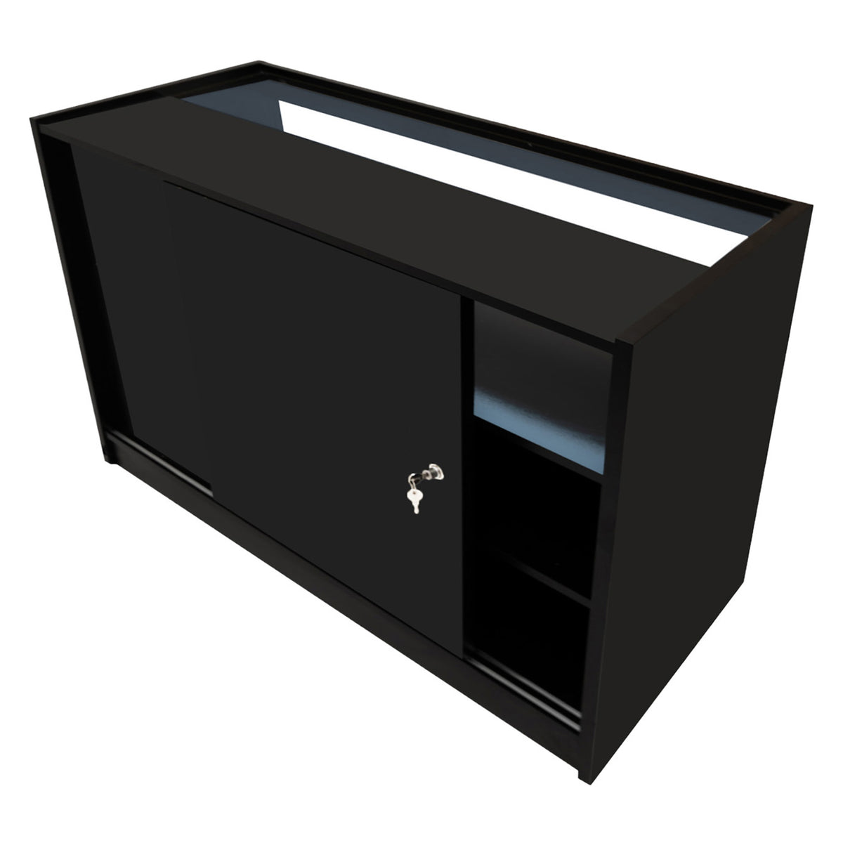 Schwarzes LED-Verkaufstheken-Set mit zwei Einheiten, glänzender Oberfläche, Schiebetür und offenen Regalen für optimale Präsentation und Stauraum