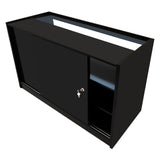 Schwarzes LED-Verkaufstheken-Set mit zwei Einheiten, glänzender Oberfläche, Schiebetür und offenen Regalen für optimale Präsentation und Stauraum