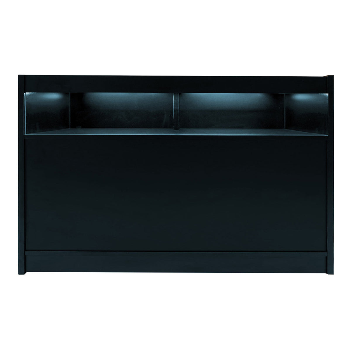 Schwarzes LED-Verkaufstheken-Set mit zwei Stück, glänzender Oberfläche, integrierter Beleuchtung und modernem, minimalistischen Design