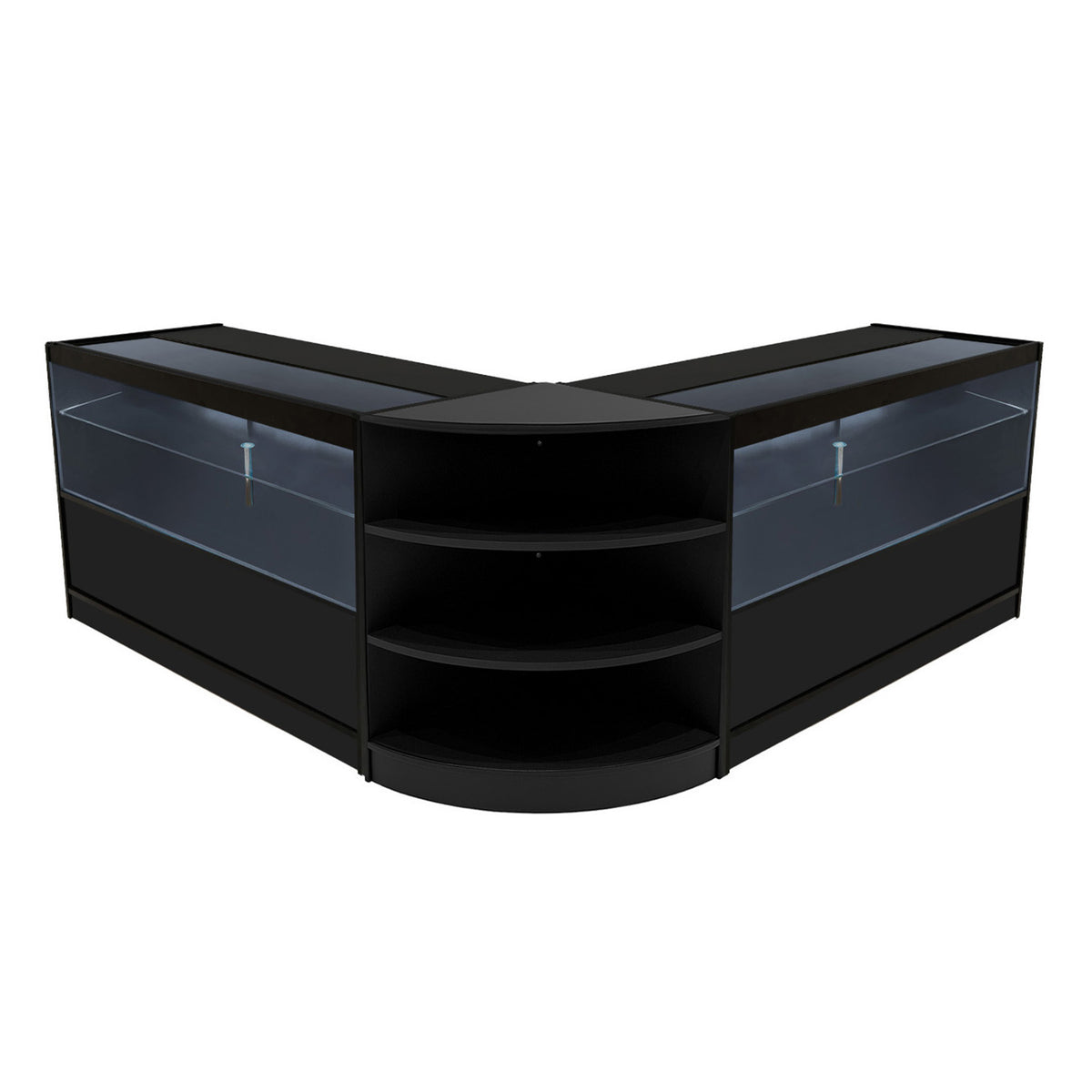 Schwarzes Andromeda LED Verkaufstheken-Set mit zwei eleganten, abgerundeten Ecken, Glasfronten und offenen Regalen für optimale Präsentation