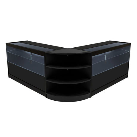 Schwarzes Andromeda LED Verkaufstheken-Set mit zwei eleganten, abgerundeten Ecken, Glasfronten und offenen Regalen für optimale Präsentation