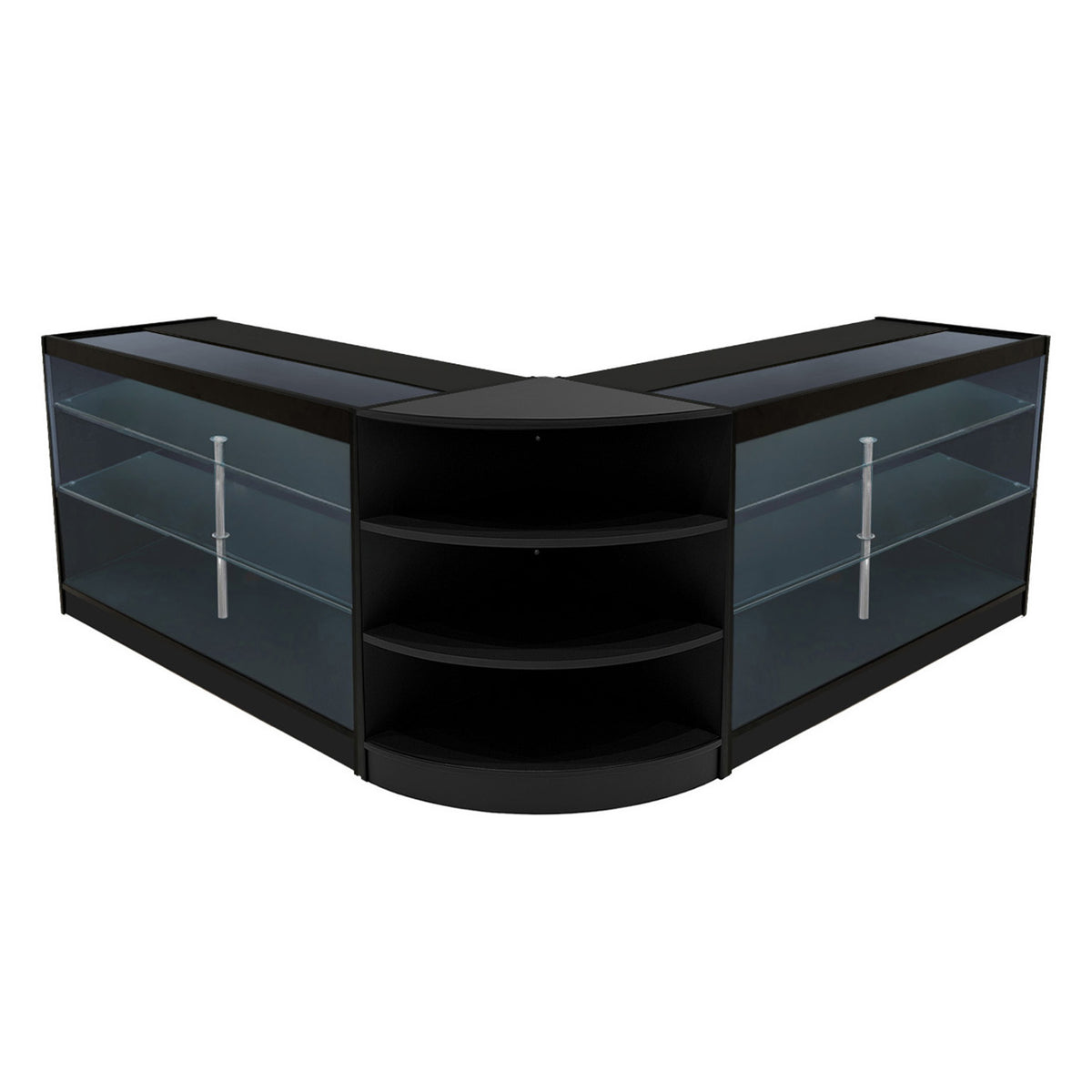 Schwarzes Apollo LED Verkaufstheken-Set mit zwei eleganten, gläsernen Regalen und abgerundeten Kanten, ideal für moderne Verkaufsräume