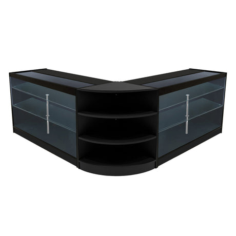 Schwarzes Apollo LED Verkaufstheken-Set mit zwei eleganten, gläsernen Regalen und abgerundeten Kanten, ideal für moderne Verkaufsräume