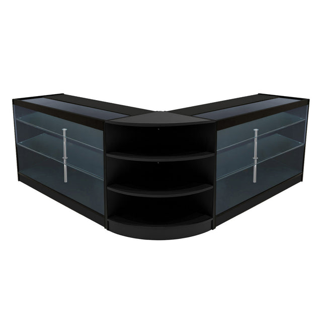 Schwarzes Apollo LED Verkaufstheken-Set mit zwei eleganten, gläsernen Regalen und abgerundeten Kanten, ideal für moderne Verkaufsräume
