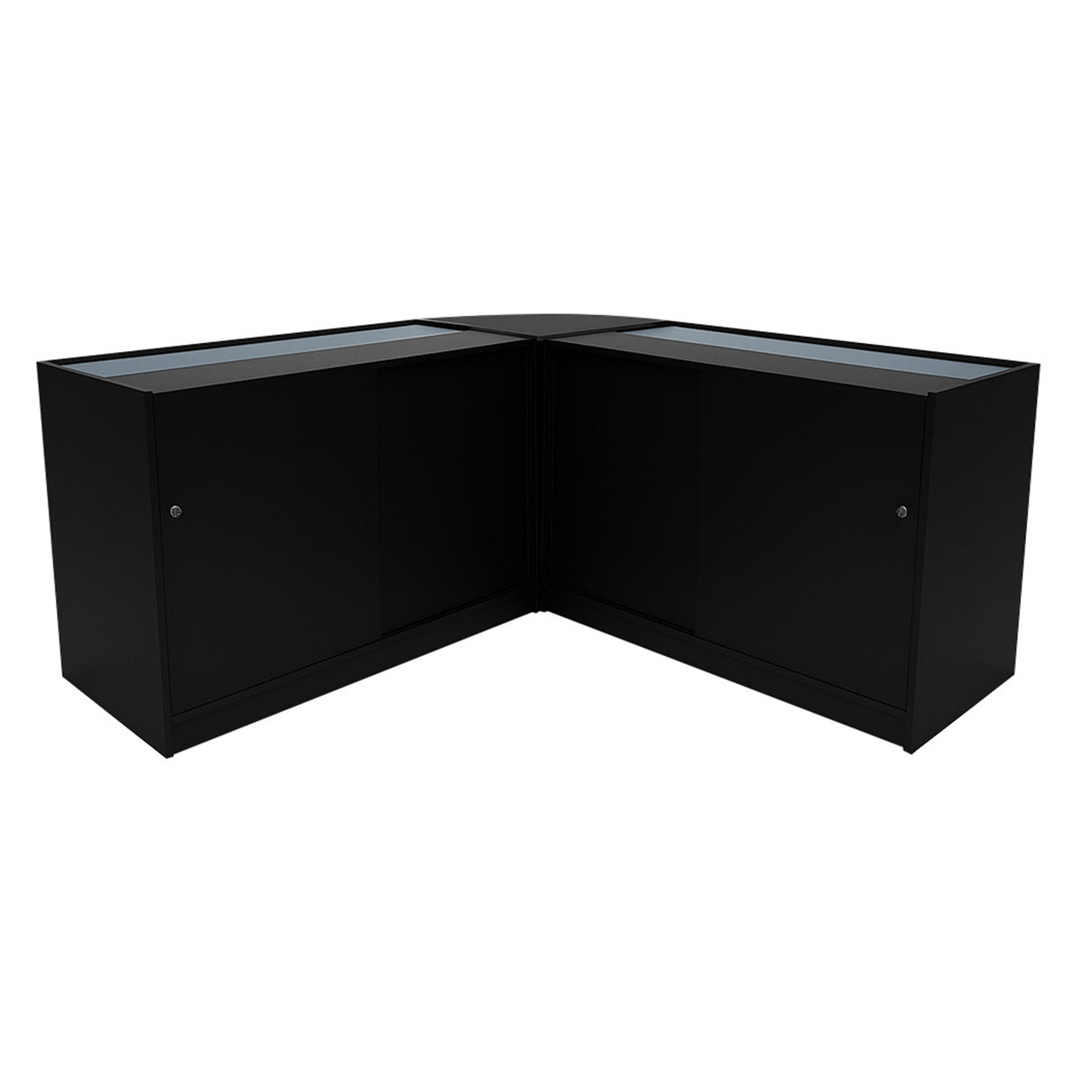 Schwarzes Apollo LED Verkaufstheken-Set LM60 + K1500, bestehend aus zwei eleganten, modernen Vitrinen mit gläsernen Oberflächen und abgerundeten Kanten