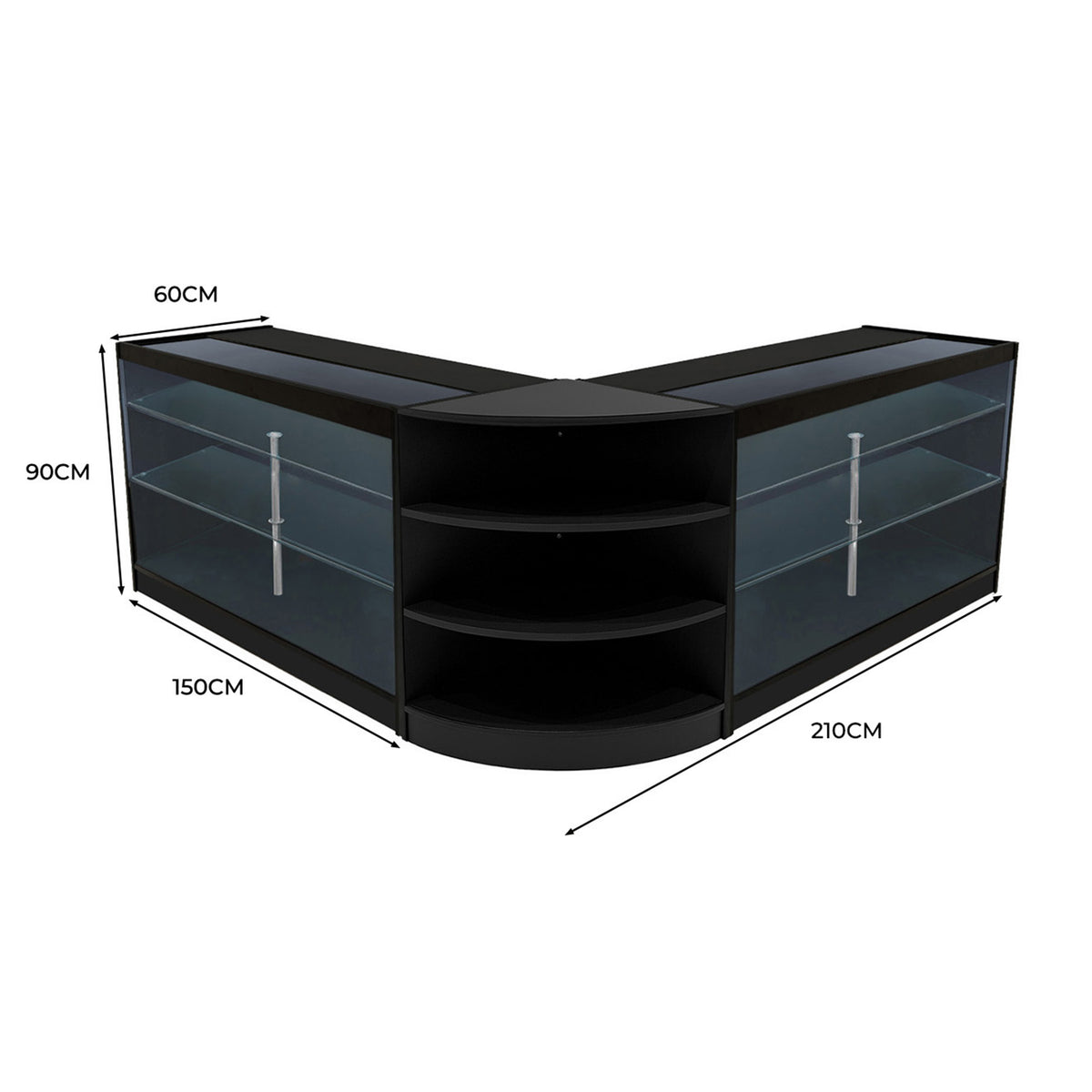 Schwarzes Apollo LED Verkaufstheken-Set mit zwei L-förmigen Modulen, Glasregalen und modernen, eleganten Linien, ideal für Verkaufsräume