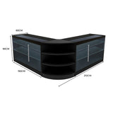 Schwarzes Apollo LED Verkaufstheken-Set mit zwei L-förmigen Modulen, Glasregalen und modernen, eleganten Linien, ideal für Verkaufsräume