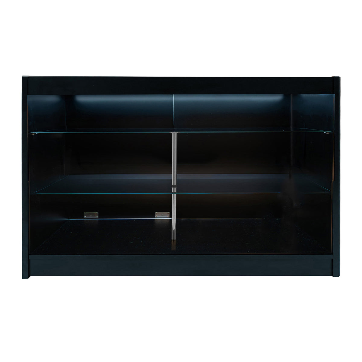 Schwarzes Apollo LED Verkaufstheken-Set mit zwei Regalen, glänzender Oberfläche und LED-Beleuchtung für ansprechende Produktpräsentation