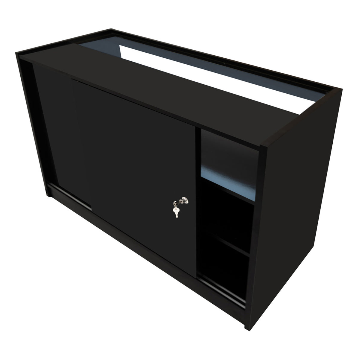 Schwarzes Harmonia LED Verkaufstheken-Set mit glatter Oberfläche, Schiebetür und integrierter Beleuchtung, ideal für Verkaufsräume und Ausstellungen