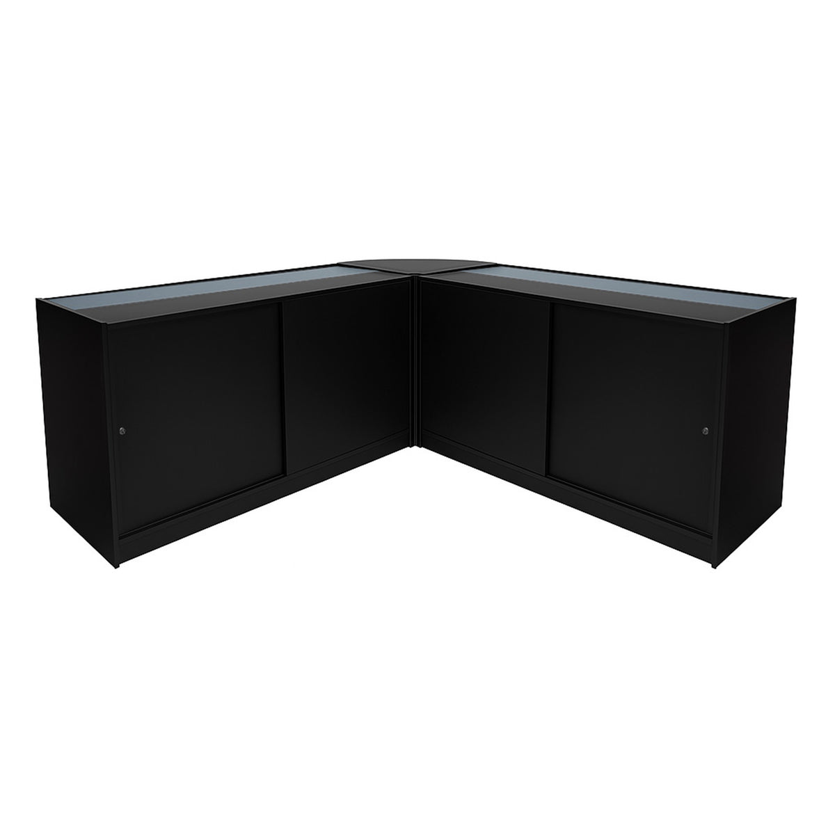 Schwarzes Harmonia LED Verkaufstheken-Set mit zwei eleganten, gläsernen Oberflächen und modernen, abgerundeten Kanten, ideal für Verkaufsräume