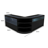 Schwarzes Harmonia LED Verkaufstheken-Set mit Glasoberflächen, abgerundeten Kanten und offenen Regalen, ideal für Verkaufsräume und Ausstellungen