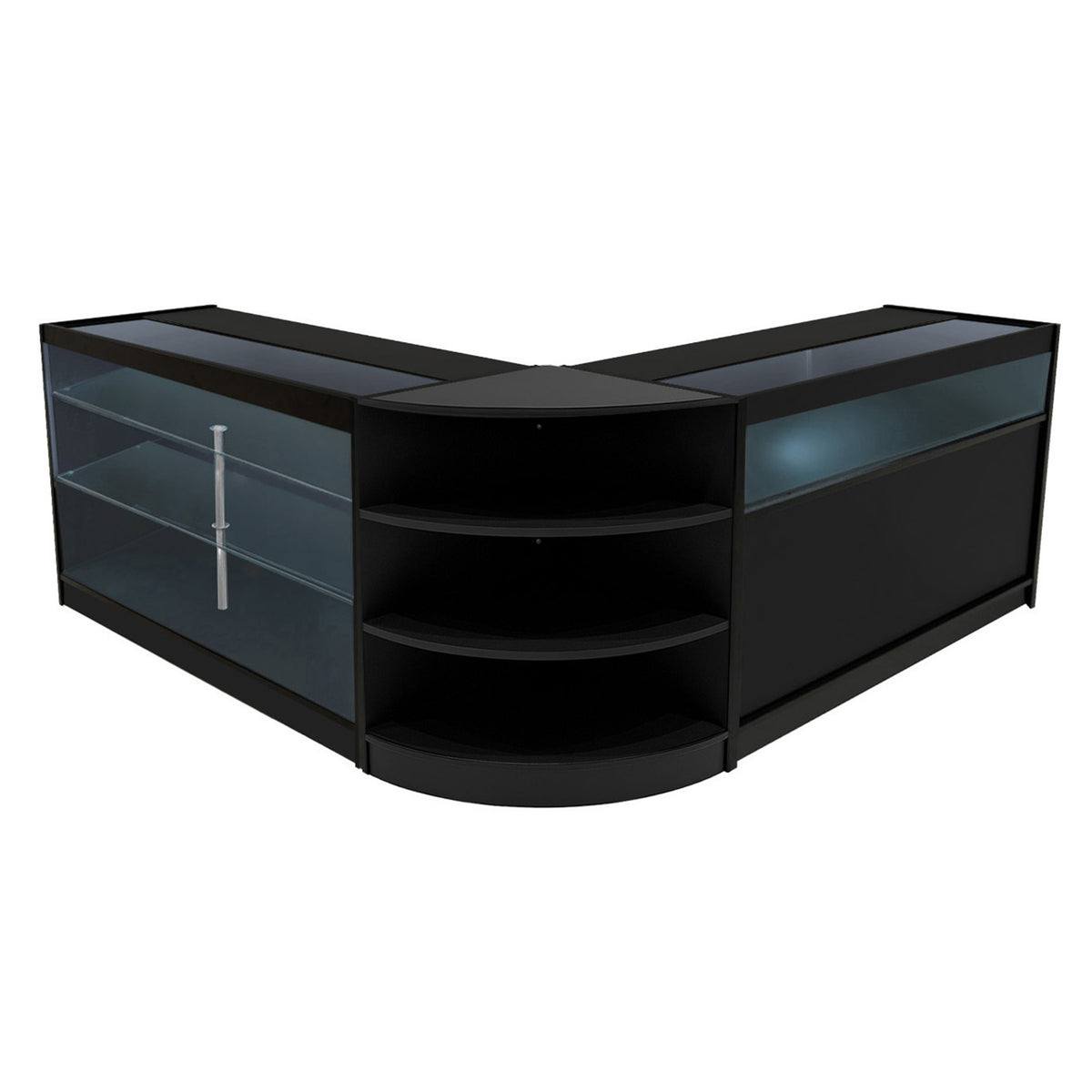 Schwarzes Demeter LED Verkaufstheken-Set mit Glasregalen, abgerundeten Kanten und eleganter, moderner Optik für Verkaufsräume