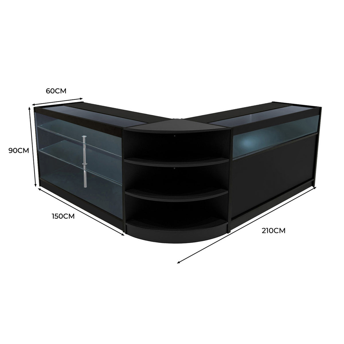 Elegantes Verkaufstheken-Set in Schwarz mit klaren Glasflächen, abgerundeten Kanten und großzügigem Stauraum, ideal für Einzelhandelsumgebungen