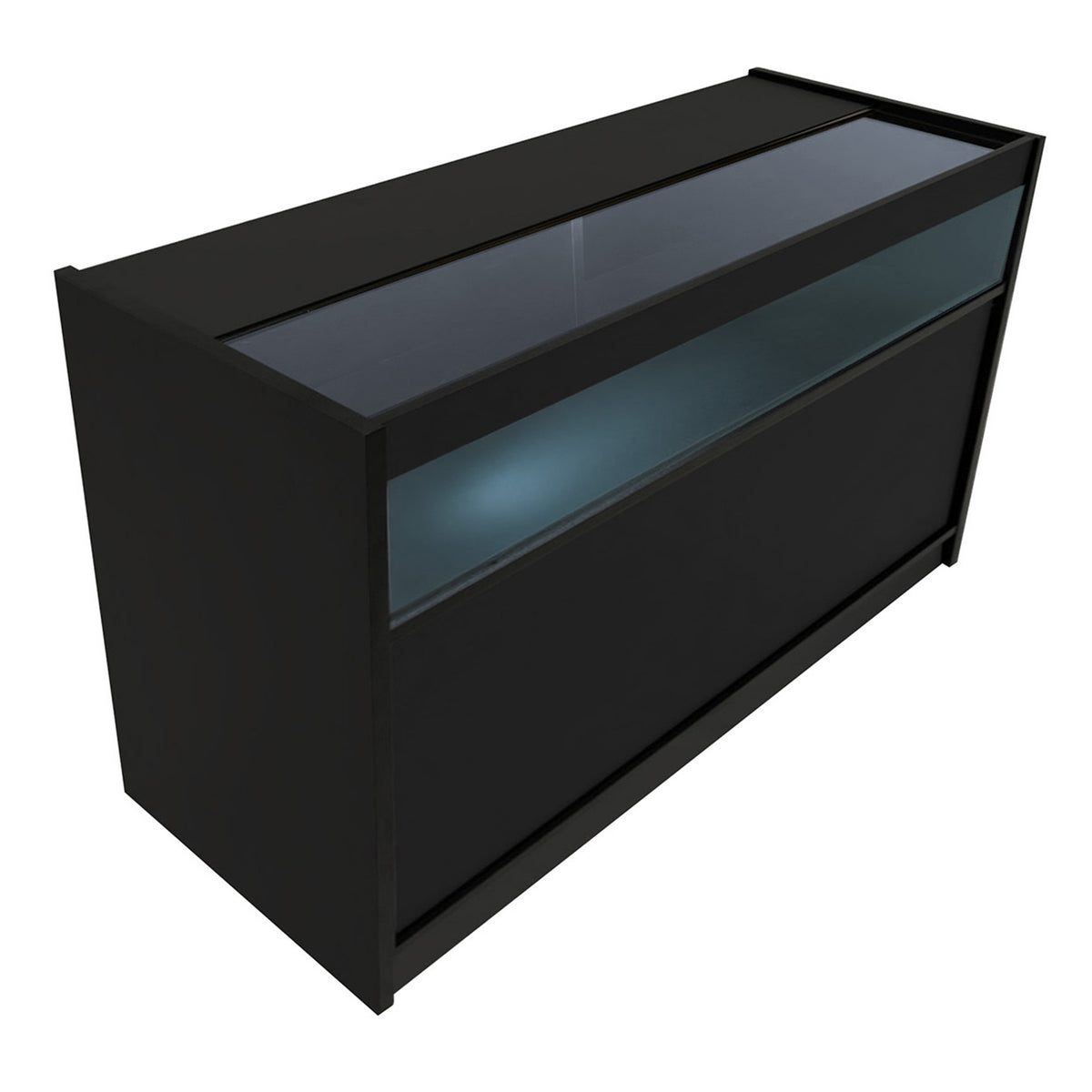 Schwarzes Demeter LED Verkaufstheken-Set mit Glasoberfläche, eleganter, moderner Design und integrierter Beleuchtung für ansprechende Präsentation