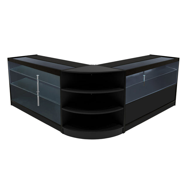Schwarzes Calliope LED Verkaufstheken-Set mit zwei Vitrinen, gläsernen Regalen und abgerundeten Kanten, ideal für moderne Verkaufsräume