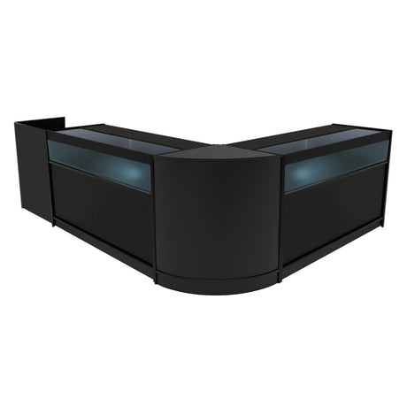 Elegantes Verkaufstheken-Set in Schwarz mit LED-Beleuchtung, bestehend aus zwei gebogenen Modulen und einer geraden Theke, ideal für den Einzelhandel