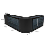 Schwarzes Aries LED Verkaufstheken-Set mit zwei Vitrinen, abgerundeten Ecken, Glasregalen und modernen, eleganten Linien, ideal für Verkaufsräume