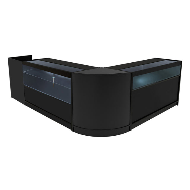 Schwarzes Gravity LED Verkaufstheken-Set mit eleganten, glatten Oberflächen, abgerundeten Ecken und integrierter Beleuchtung für ansprechende Präsentationen