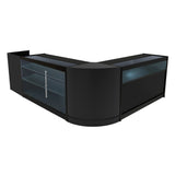 Schwarzes Polaris LED Verkaufstheken-Set mit gläsernen Regalen und eleganten, abgerundeten Kanten, ideal für moderne Verkaufsräume