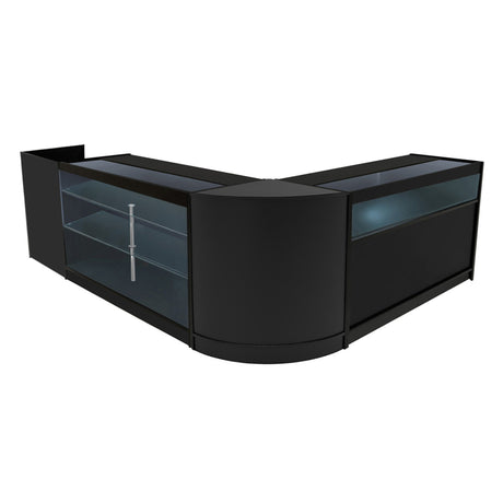 Schwarzes Polaris LED Verkaufstheken-Set mit gläsernen Regalen und eleganten, abgerundeten Kanten, ideal für moderne Verkaufsräume