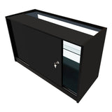 Schwarzes Polaris LED Verkaufstheken-Set mit glatten Oberflächen, Schiebetür und integrierter Beleuchtung, ideal für Verkaufsräume und Ausstellungen