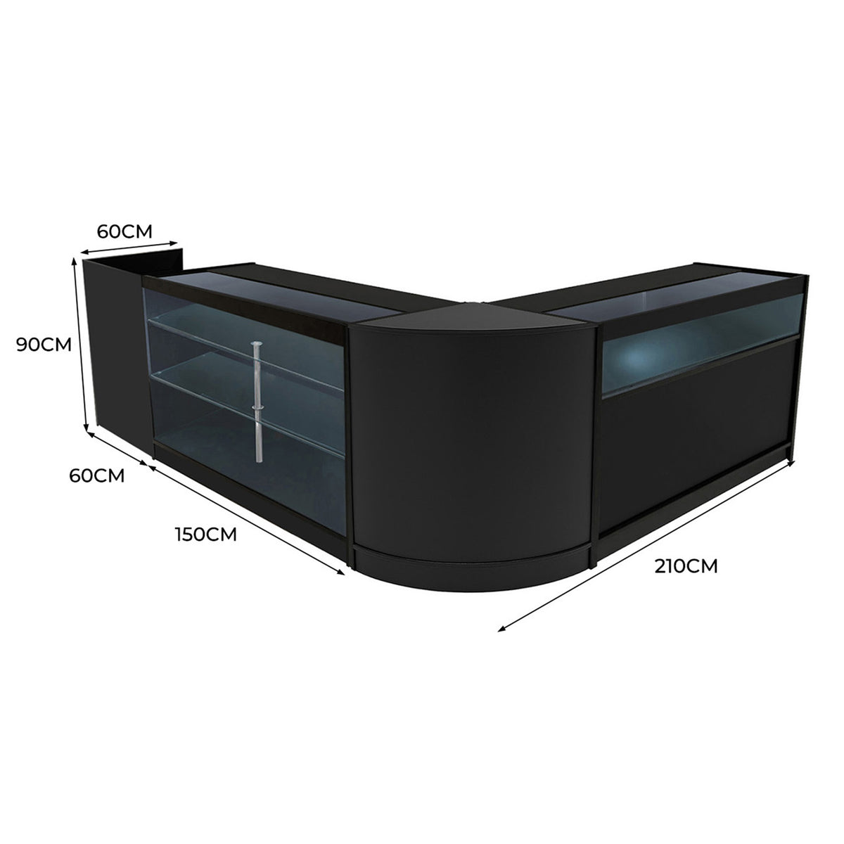 Elegantes Polaris LED Verkaufstheken-Set in Schwarz mit glatten Oberflächen, transparenten Glasvitrinen und modernen, abgerundeten Kanten, ideal für Verkaufsräume