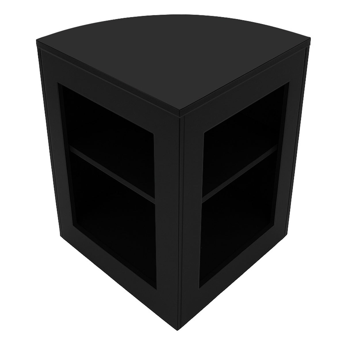 Eckige, schwarze Verkaufstheke aus hochwertigem Material mit zwei offenen Regalen, ideal für den Einzelhandel oder Messen, modernes Design