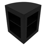Eckige, schwarze Verkaufstheke aus hochwertigem Material mit zwei offenen Regalen, ideal für den Einzelhandel oder Messen, modernes Design