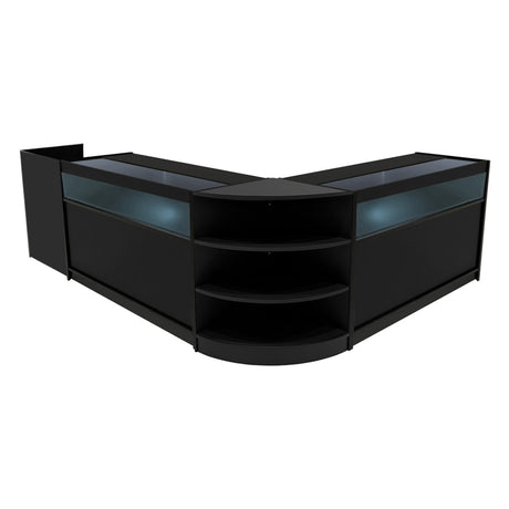 Schwarzes Sagittarius LED Verkaufstheken-Set mit zwei Vitrinen und offenen Regalen, modernes Design, glänzende Oberflächen und sanfte Beleuchtung
