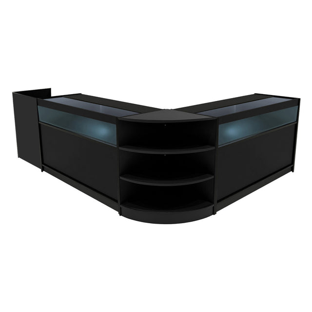 Schwarzes Sagittarius LED Verkaufstheken-Set mit zwei Vitrinen und offenen Regalen, modernes Design, glänzende Oberflächen und sanfte Beleuchtung
