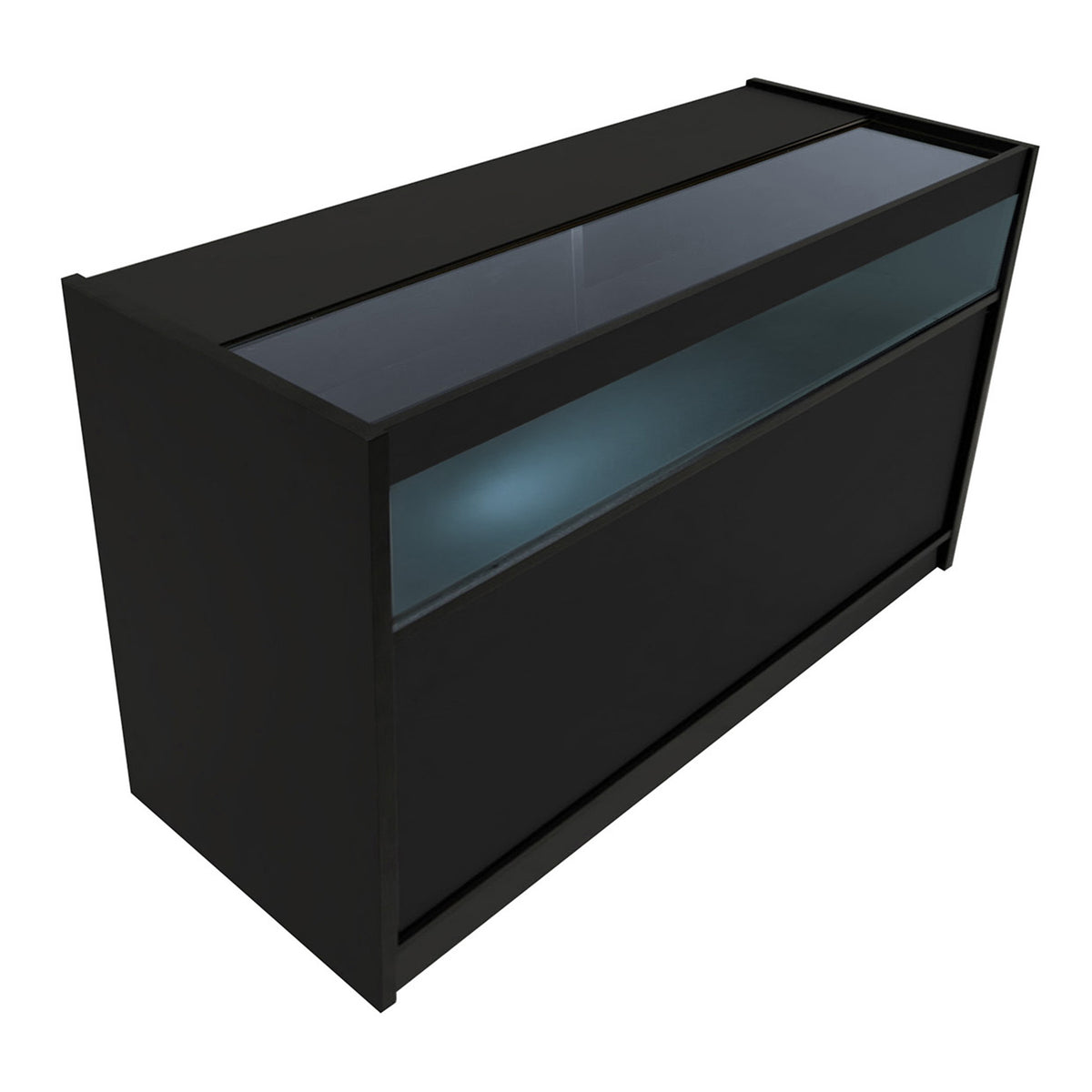 Schwarzes LED Verkaufstheken-Set mit Glasoberfläche, modernem Design und klaren Linien, ideal für den Einzelhandel und Ausstellungen