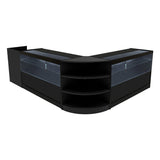 Elegantes Verkaufstheken-Set in Schwarz mit klaren Glasflächen, abgerundeten Kanten und offenen Regalen für optimale Produktpräsentation
