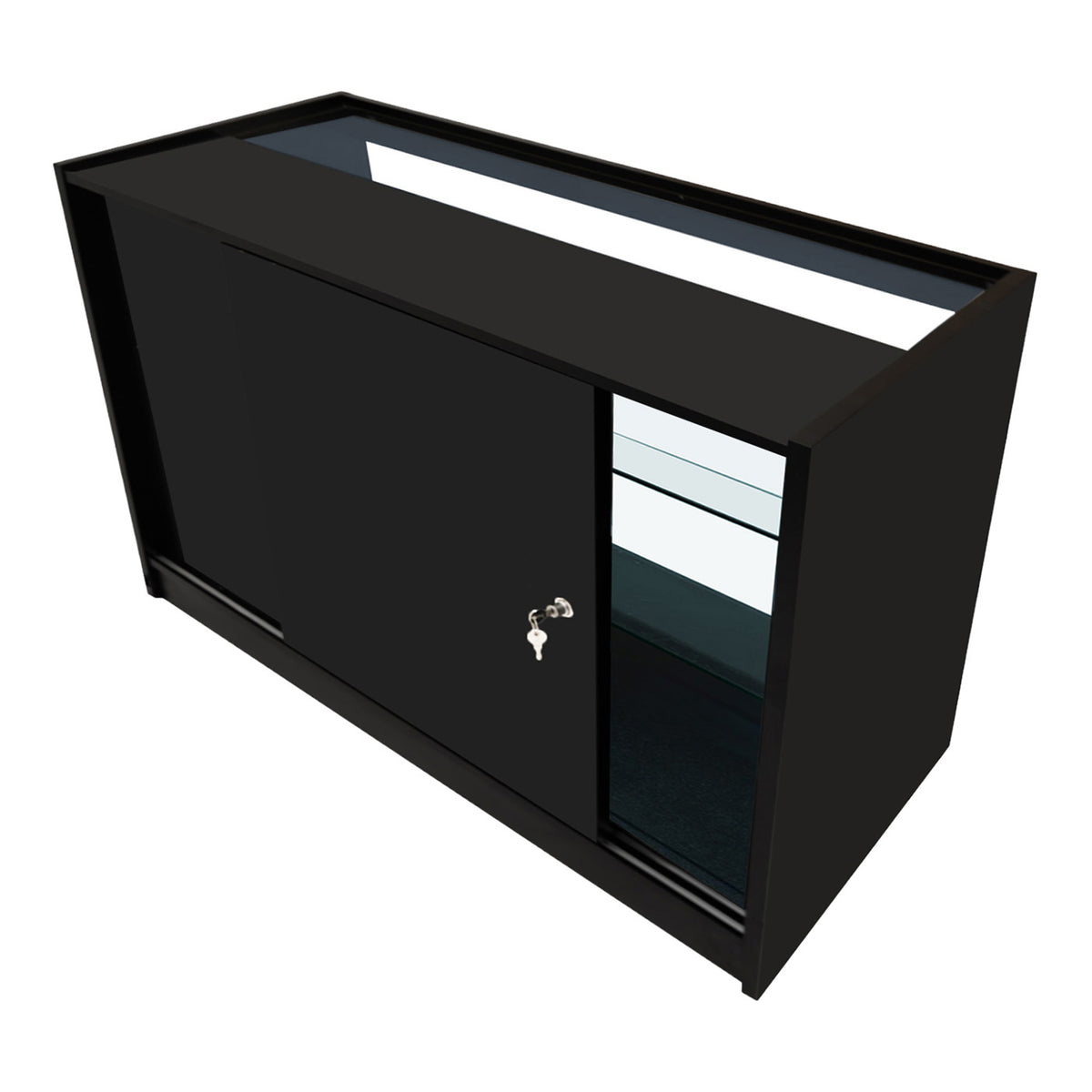 Schwarzes Astro LED Verkaufstheken-Set mit zwei Vitrinen, glatten Oberflächen, Schiebetüren und beleuchtetem Innenraum für optimale Produktpräsentation