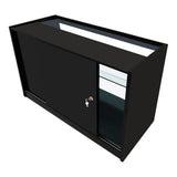 Schwarzes Astro LED Verkaufstheken-Set mit zwei Vitrinen, glatten Oberflächen, Schiebetüren und beleuchtetem Innenraum für optimale Produktpräsentation