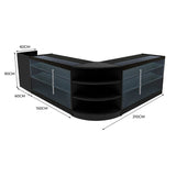 Schwarzes Astro LED Verkaufstheken-Set mit zwei Stück, gebogenem Design, Glasregalen und modernen Aluminiumdetails, ideal für Verkaufsräume und Ausstellungen