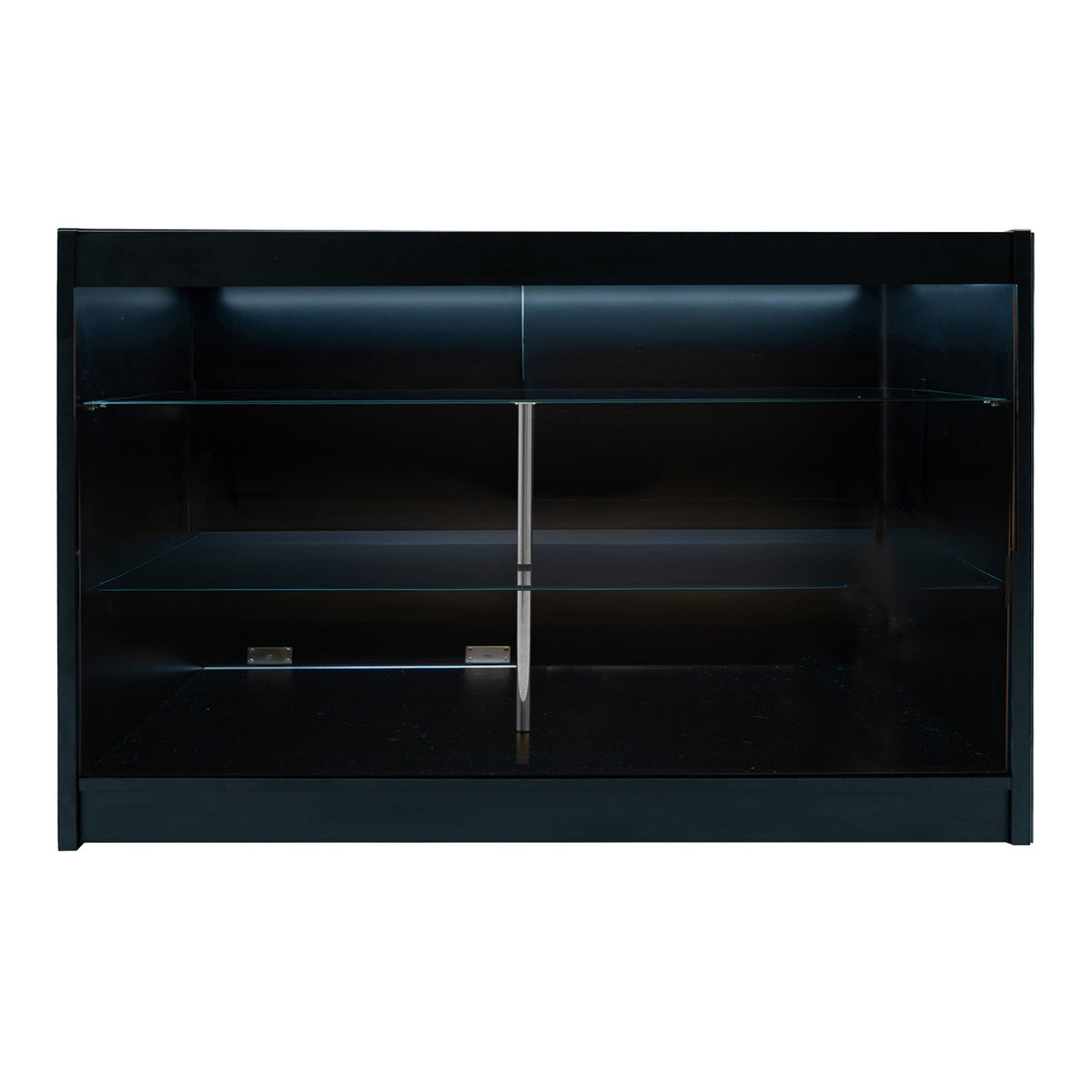Schwarzes Astro LED Verkaufstheken-Set mit zwei Regalen und gläsernen Einlegeböden, elegantes Design und moderne Beleuchtung für Verkaufsräume
