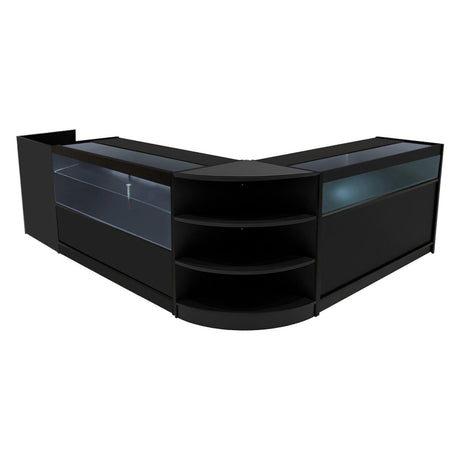 Elegantes Verkaufstheken-Set in Schwarz mit LED-Beleuchtung, gläsernen Vitrinen und offenen Regalen für optimale Präsentation und Stauraum