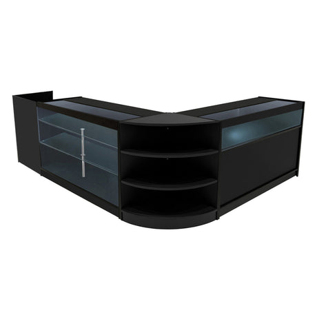 Schwarzes Hyperion LED Verkaufstheken-Set mit eleganten Glasflächen, abgerundeten Kanten und mehreren Regalen für optimale Präsentation und Stauraum