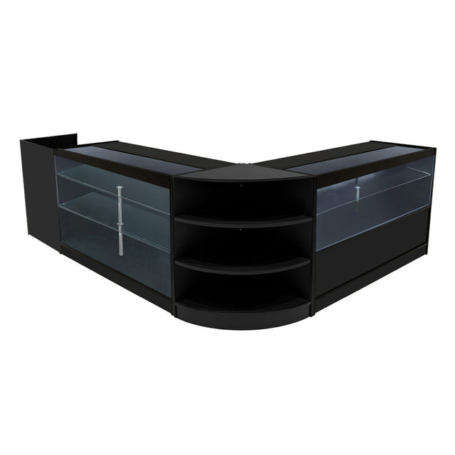 Elegantes Verkaufstheken-Set in Schwarz mit Glasregalen, abgerundeten Kanten und modernem Design, ideal für Einzelhandelsumgebungen