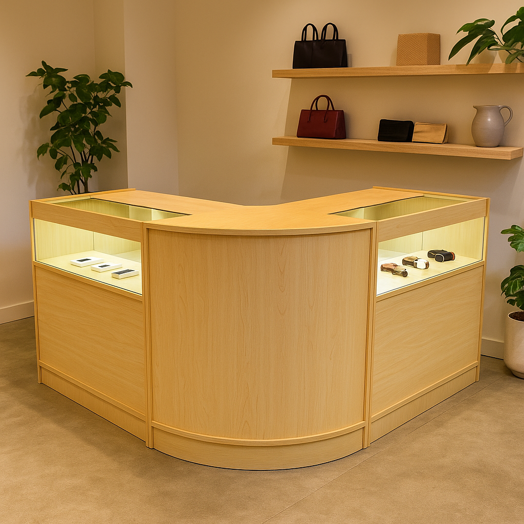 Elegantes Verkaufstheken-Set aus hellem Ahornholz mit beleuchteten Vitrinen, ideal für die Präsentation von Produkten in einem modernen Geschäft