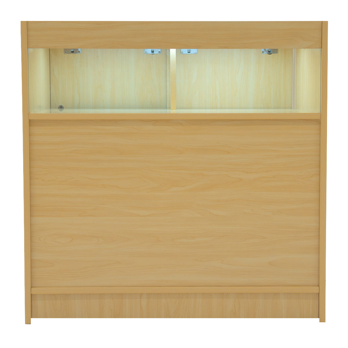 Verkaufstheke aus hellem Ahornholz mit zwei beleuchteten Vitrinen, glatter Oberfläche und modernem, minimalistischen Design für Verkaufsräume