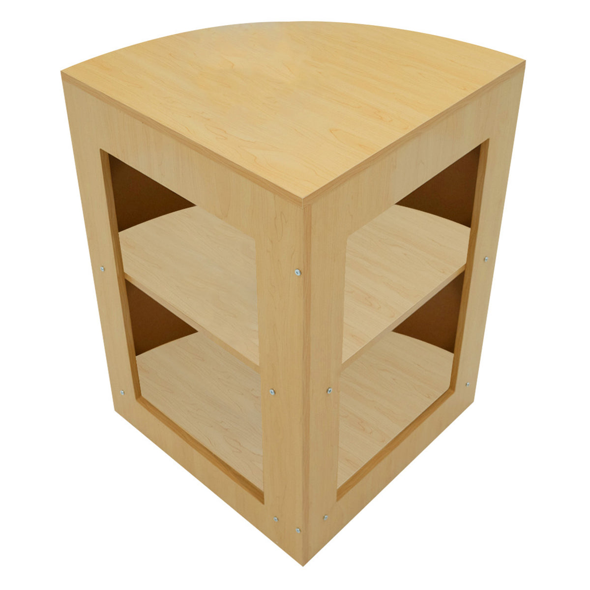 Eckige Verkaufstheke aus hellem Ahornholz mit zwei offenen Regalen, glatter Oberfläche und modernen, silbernen Schrauben für einen eleganten Look