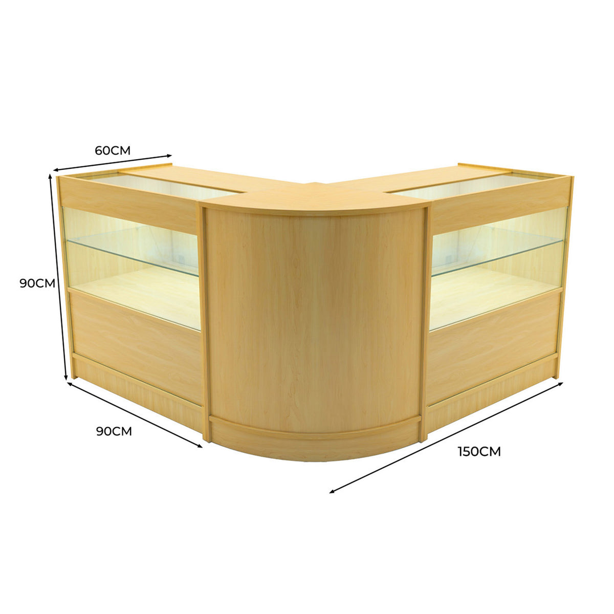 Elegantes Verkaufstheken-Set in Ahornholzoptik, mit zwei gläsernen Vitrinen, abgerundeten Kanten und einer modernen, hellen Oberfläche
