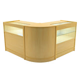 Adonis LED Ladentheke Set in Ahorn, mit geschwungener Form, transparenten Glasflächen und warmem Holzfinish, ideal für Verkaufsräume