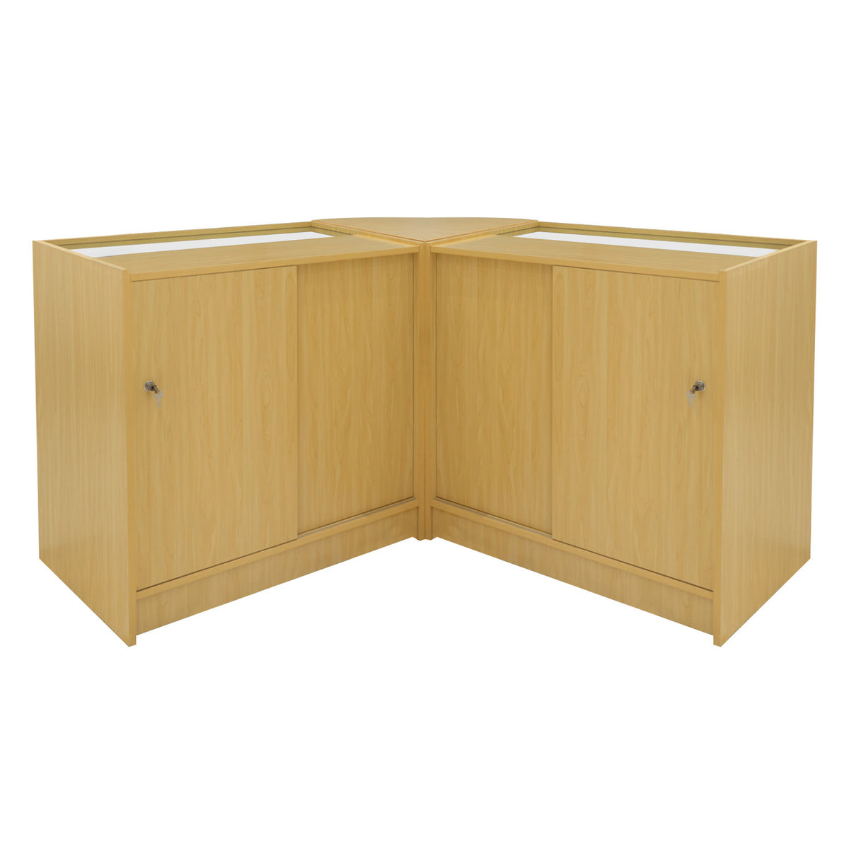 Eckige Ladentheke aus hellem Ahornholz mit zwei Schränken, glatter Oberfläche und modernem Design, ideal für Verkaufsräume und Ausstellungen