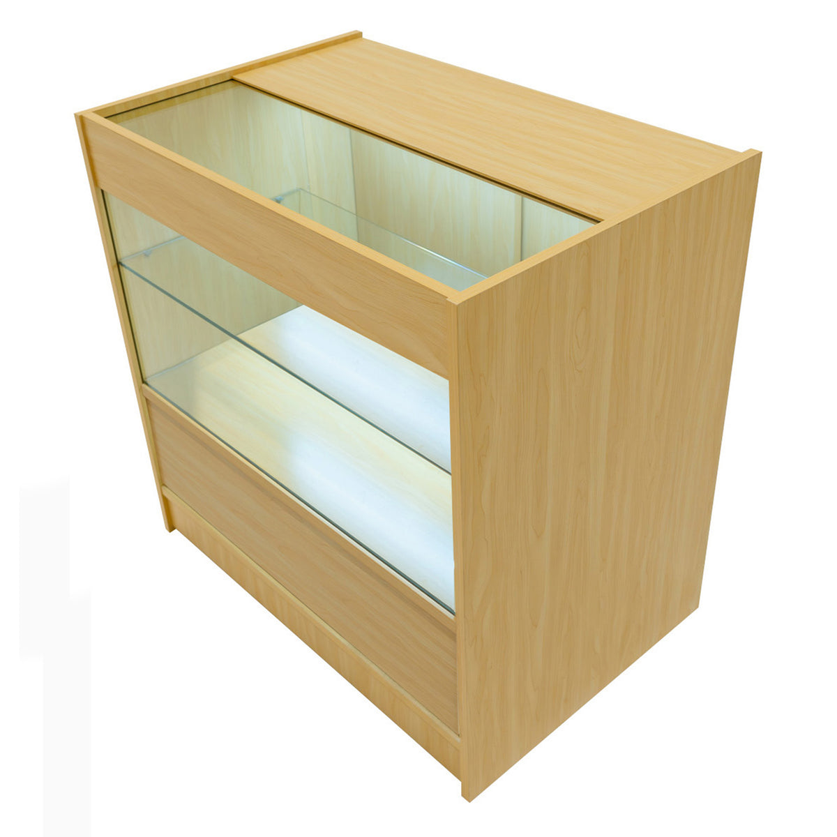 Moderne Ladentheke aus hellem Ahornholz mit zwei Glasregalen und LED-Beleuchtung, ideal für die Präsentation von Produkten im Einzelhandel