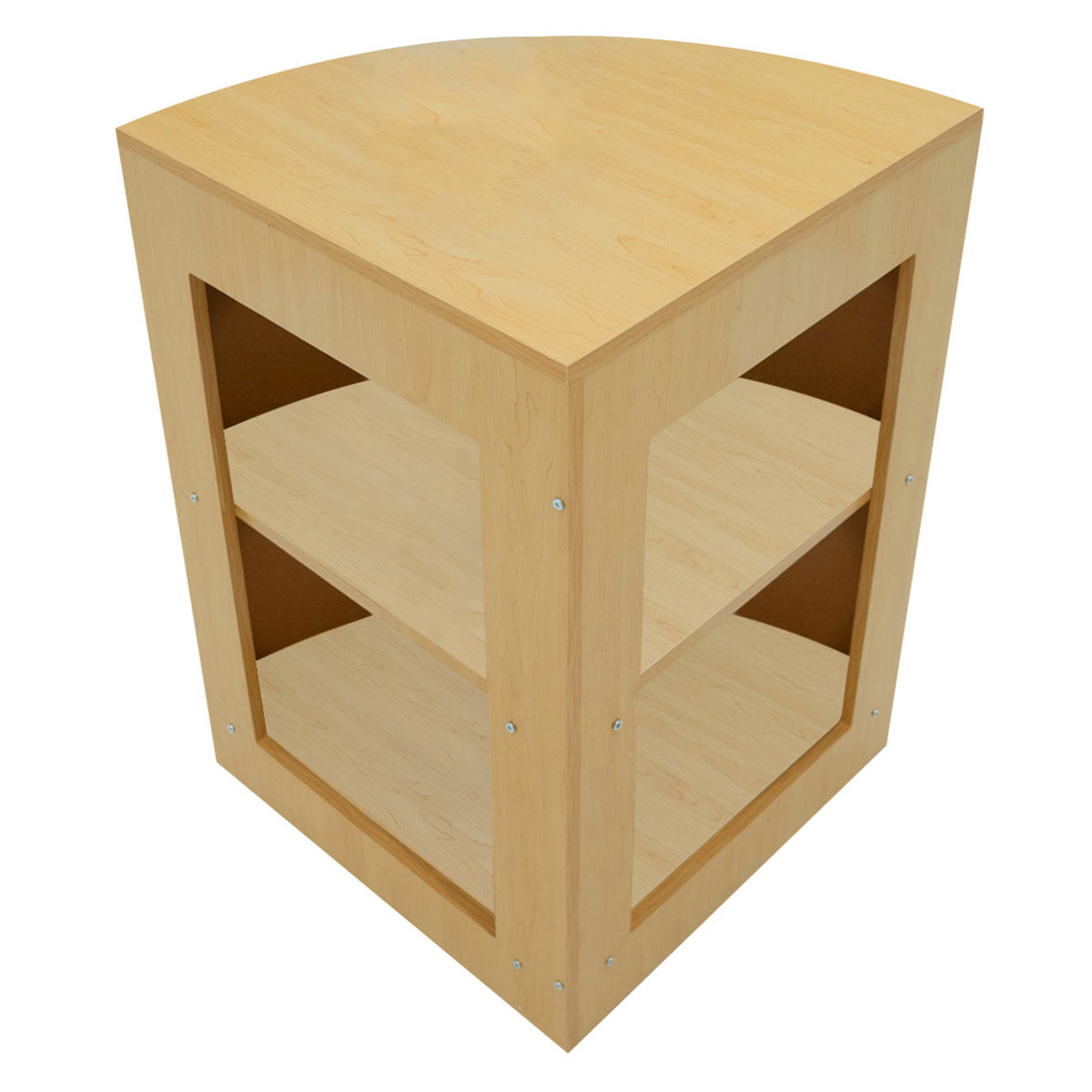 Eckige Ladentheke aus hellem Ahornholz mit zwei offenen Regalen, glatter Oberfläche und modernen, minimalistischen Designelementen