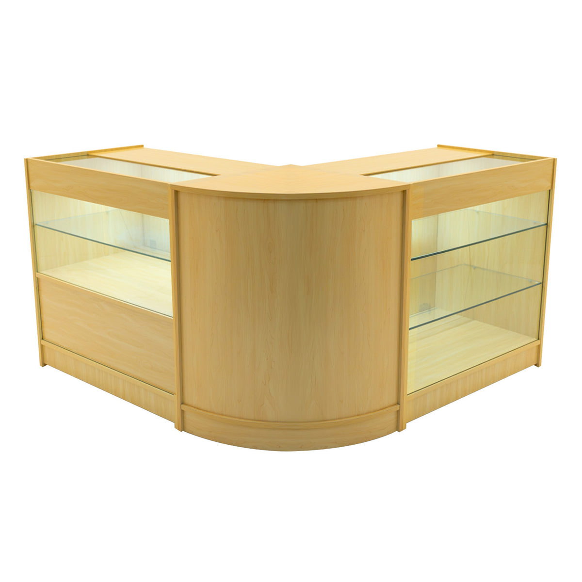 Hera LED Verkaufstheken-Set in Ahorn mit gläsernen Regalen, eleganter, gebogener Form und warmem Holzton, ideal für Verkaufsräume