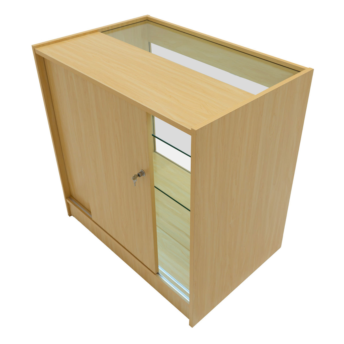 Hera LED Verkaufstheken-Set in Ahorn, mit glatter Oberfläche, abschließbarem Schrank, Glasregalen und modernem, minimalistischen Design