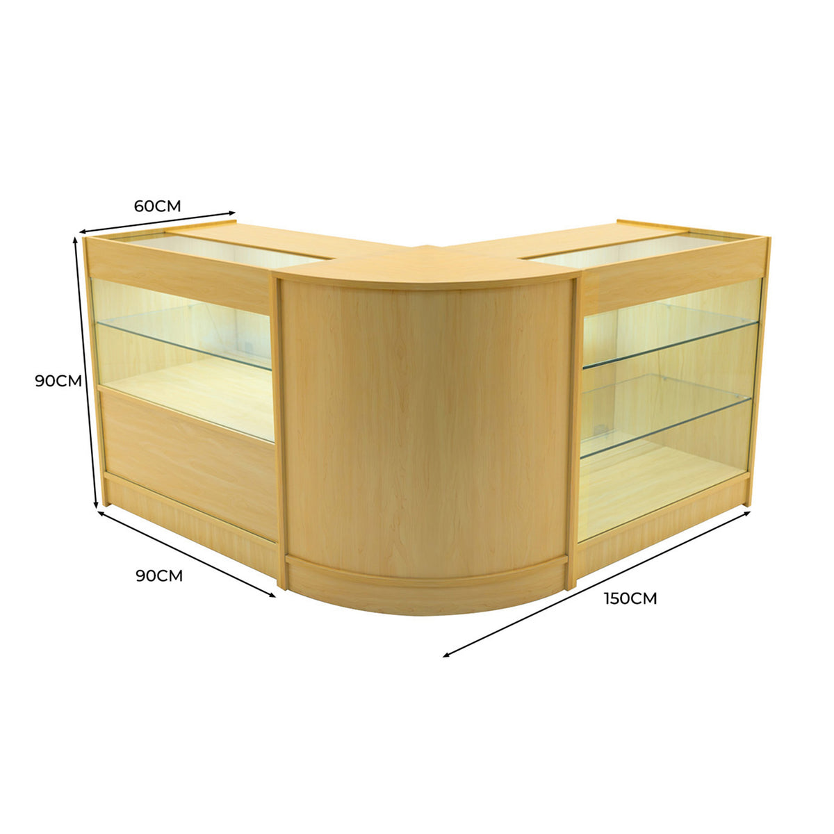 Verkaufstheke aus hellem Ahornholz mit zwei Glasvitrinen, abgerundeten Ecken, und einer Gesamtgröße von 150 cm x 90 cm x 90 cm